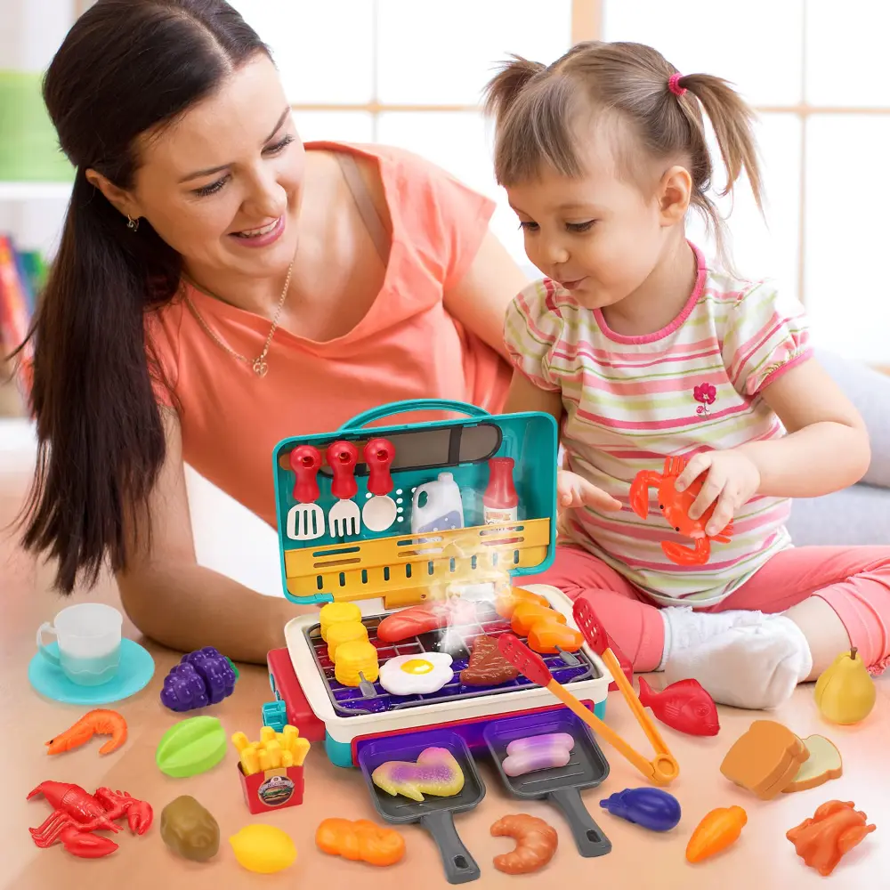 WizKidz Kids BBQ Grill Toy Barbecue Kitchen Cooking Playset with Realistic Spray Light Sound Color Changing Play Food & Dishes