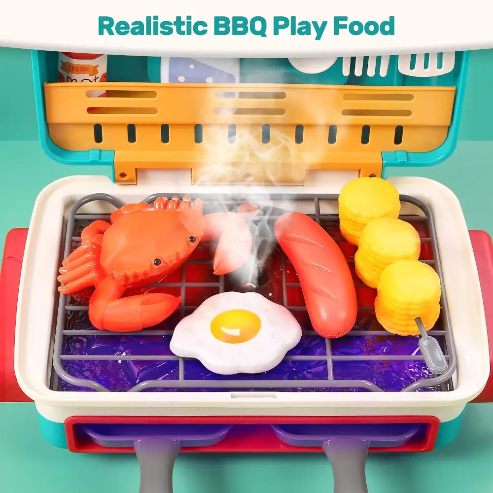 WizKidz Kids BBQ Grill Toy Barbecue Kitchen Cooking Playset with Realistic Spray Light Sound Color Changing Play Food & Dishes