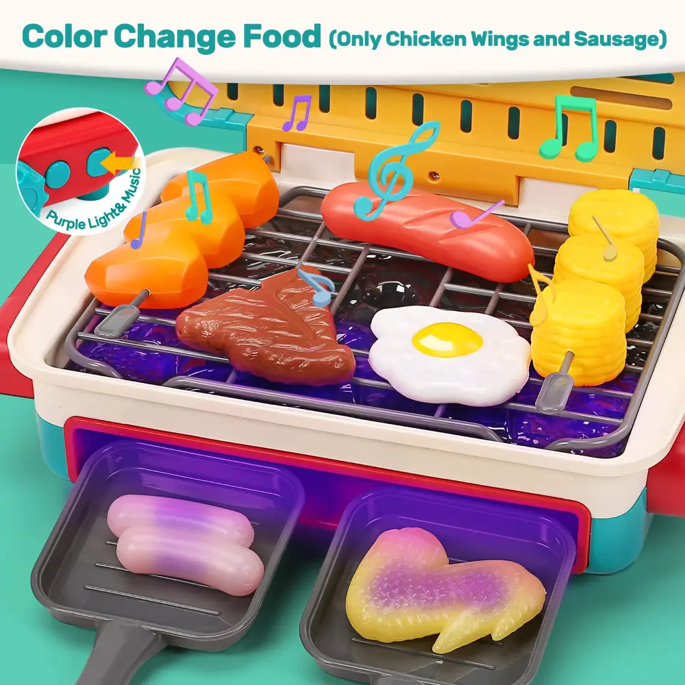 WizKidz Kids BBQ Grill Toy Barbecue Kitchen Cooking Playset with Realistic Spray Light Sound Color Changing Play Food & Dishes