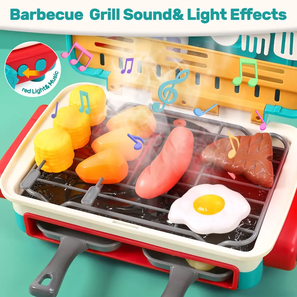 WizKidz Kids BBQ Grill Toy Barbecue Kitchen Cooking Playset with Realistic Spray Light Sound Color Changing Play Food & Dishes