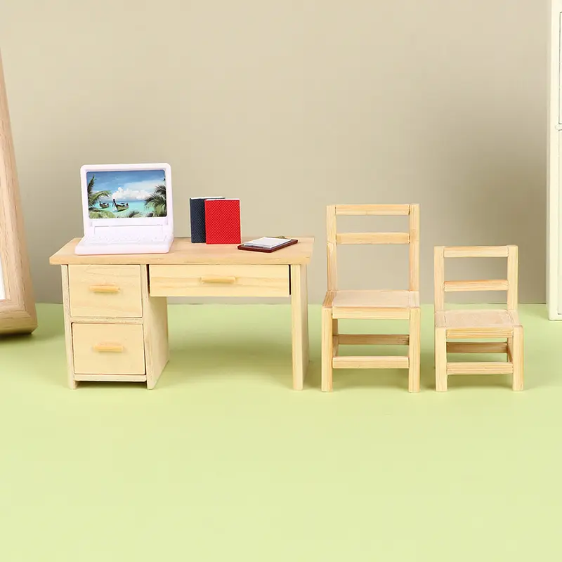 1/12 Dollhouse Wooden Desk Decoration Simulated Mini Desk Chair Furniture Model Toy Writing Study Desk School Desk For Dolls