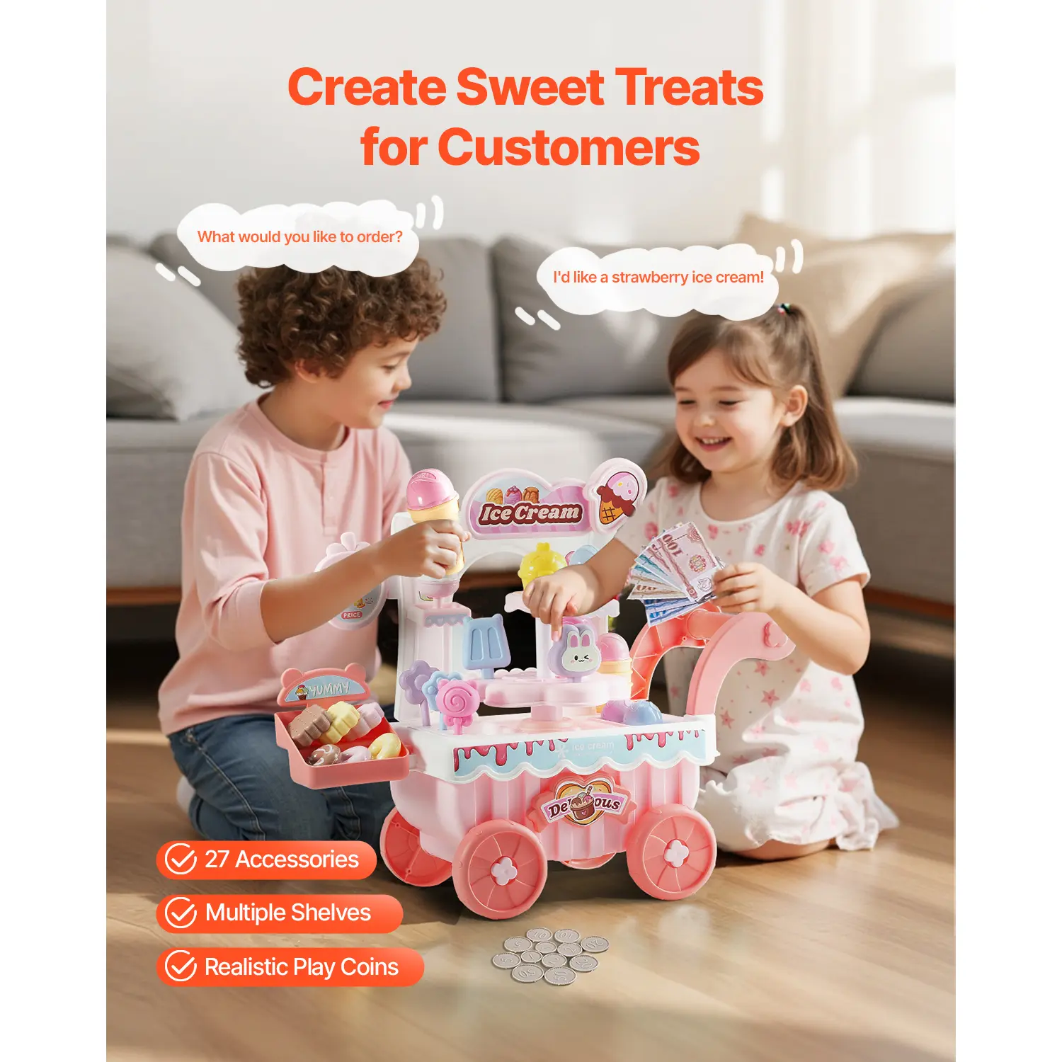 VEVOR Pink/Green Kids Ice Cream Cart Pretend Play Store Dolly with Sound & Light Effect Montessori Educational Toys for Children