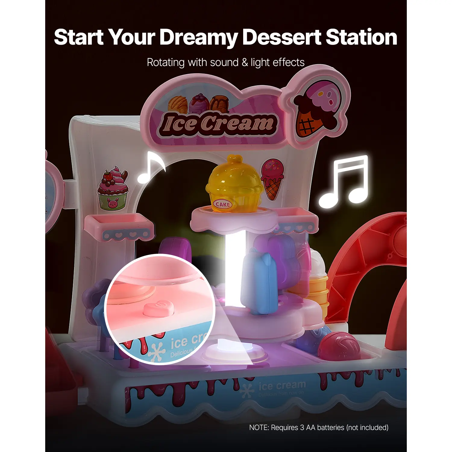 VEVOR Pink/Green Kids Ice Cream Cart Pretend Play Store Dolly with Sound & Light Effect Montessori Educational Toys for Children