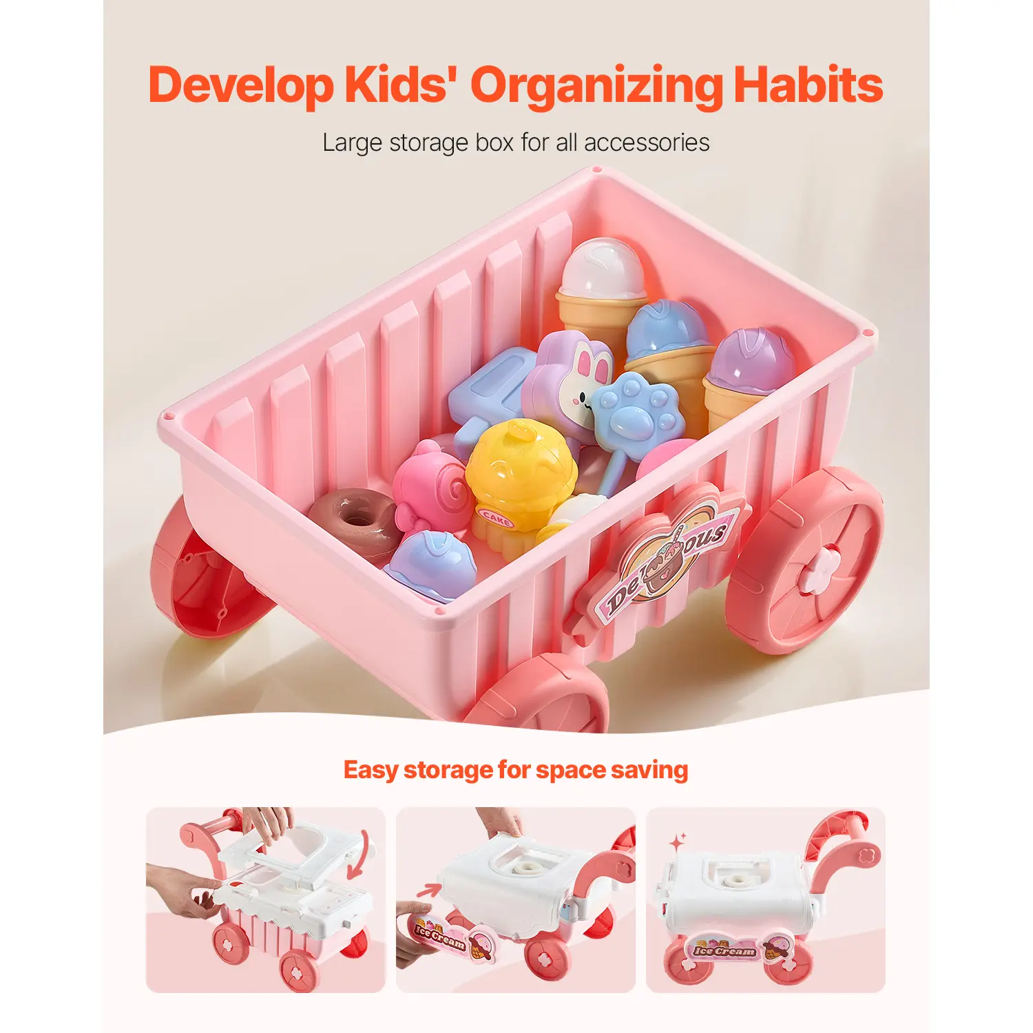 VEVOR Pink/Green Kids Ice Cream Cart Pretend Play Store Dolly with Sound & Light Effect Montessori Educational Toys for Children
