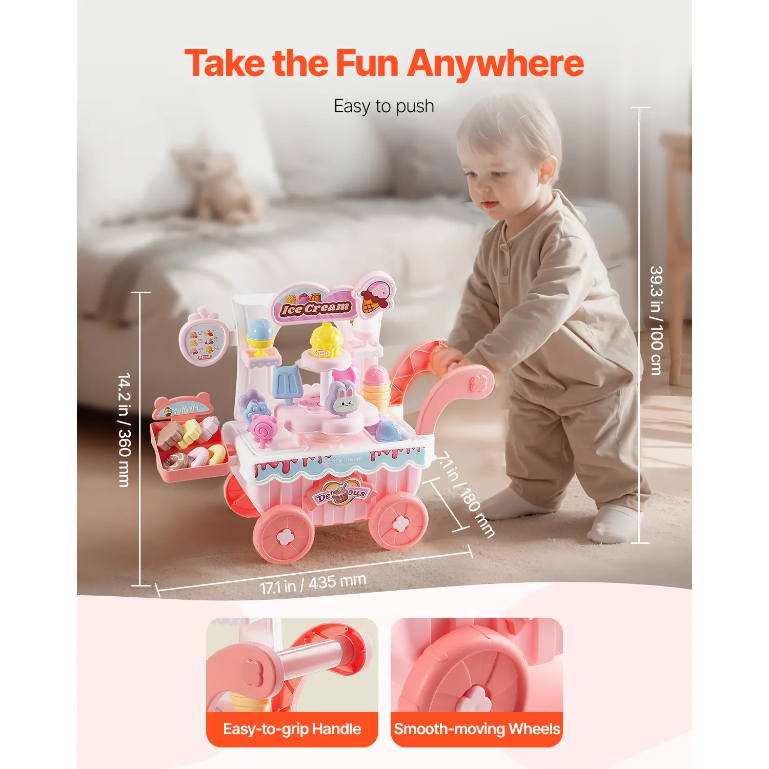 VEVOR Pink/Green Kids Ice Cream Cart Pretend Play Store Dolly with Sound & Light Effect Montessori Educational Toys for Children