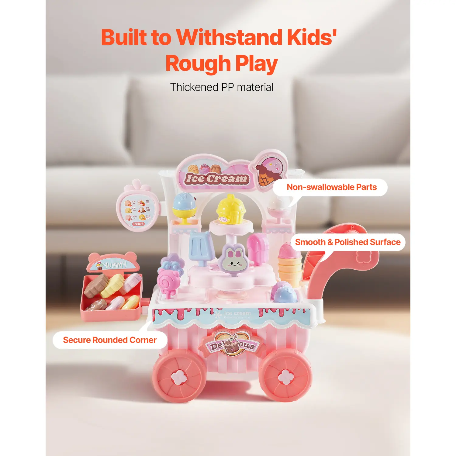 VEVOR Pink/Green Kids Ice Cream Cart Pretend Play Store Dolly with Sound & Light Effect Montessori Educational Toys for Children