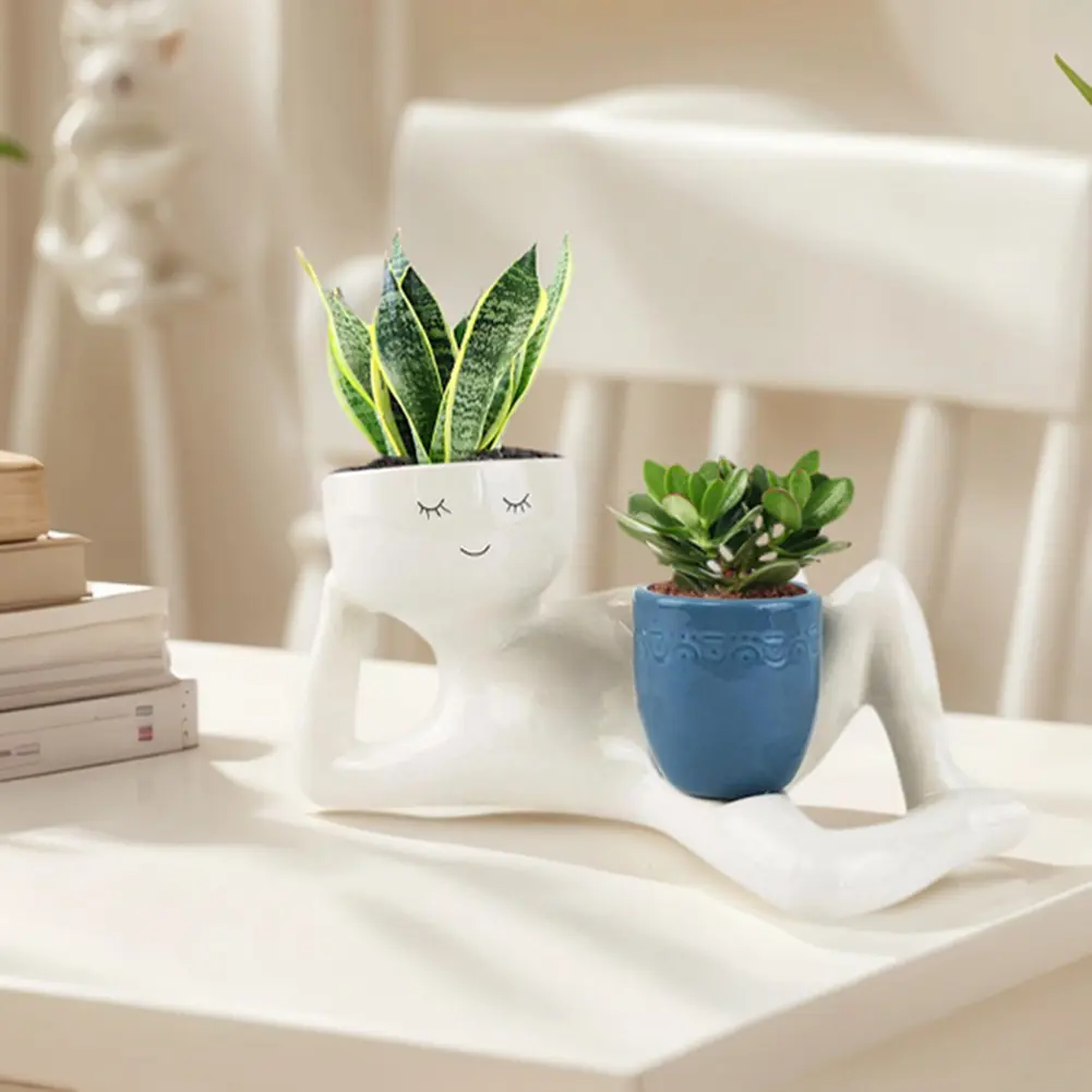Lazy Guy Planter with Drainage Hole Lazy Little Character Flowerpot Relaxing Person Holding Pot Planter Succulent Pot