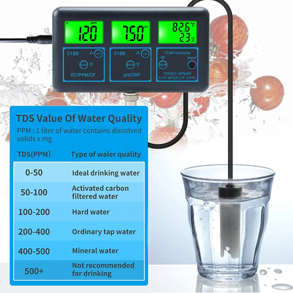 WiFi 7 in 1 Water Quality Monitor PH ORP EC PPM CFR Humidity Temperature Water Quality Detector Water Tester for Drinking Water