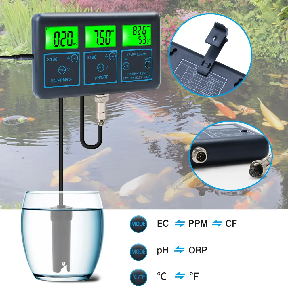 WiFi 7 in 1 Water Quality Monitor PH ORP EC PPM CFR Humidity Temperature Water Quality Detector Water Tester for Drinking Water