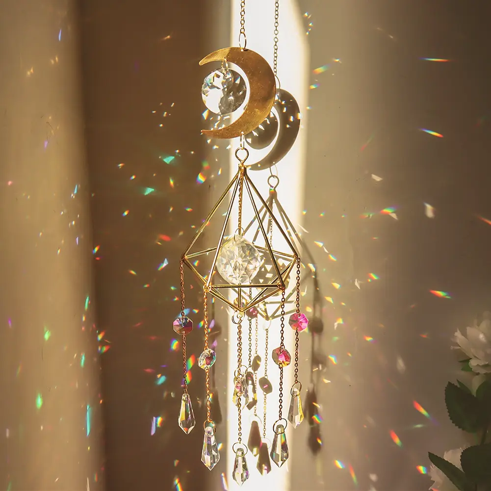 Lighting Ball Pointed Bead Flower Moon Prism Crystal Wind Chime Jewelry Decor Sun Ball Crystal Hanging Metal Ornament