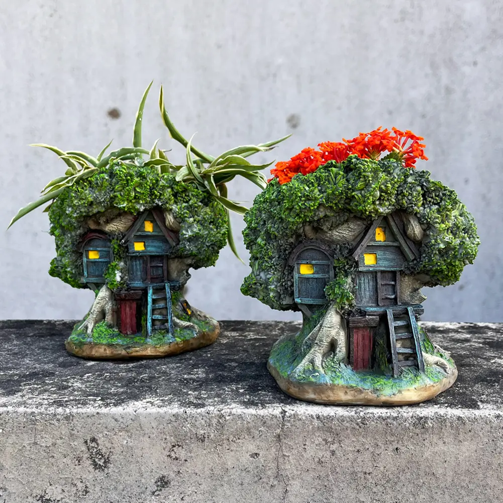 Tree House Flower Pot Bonsai Pot Decorative Succulent Planter Multi-Function Forest House Planter Pot for Micro Landscape