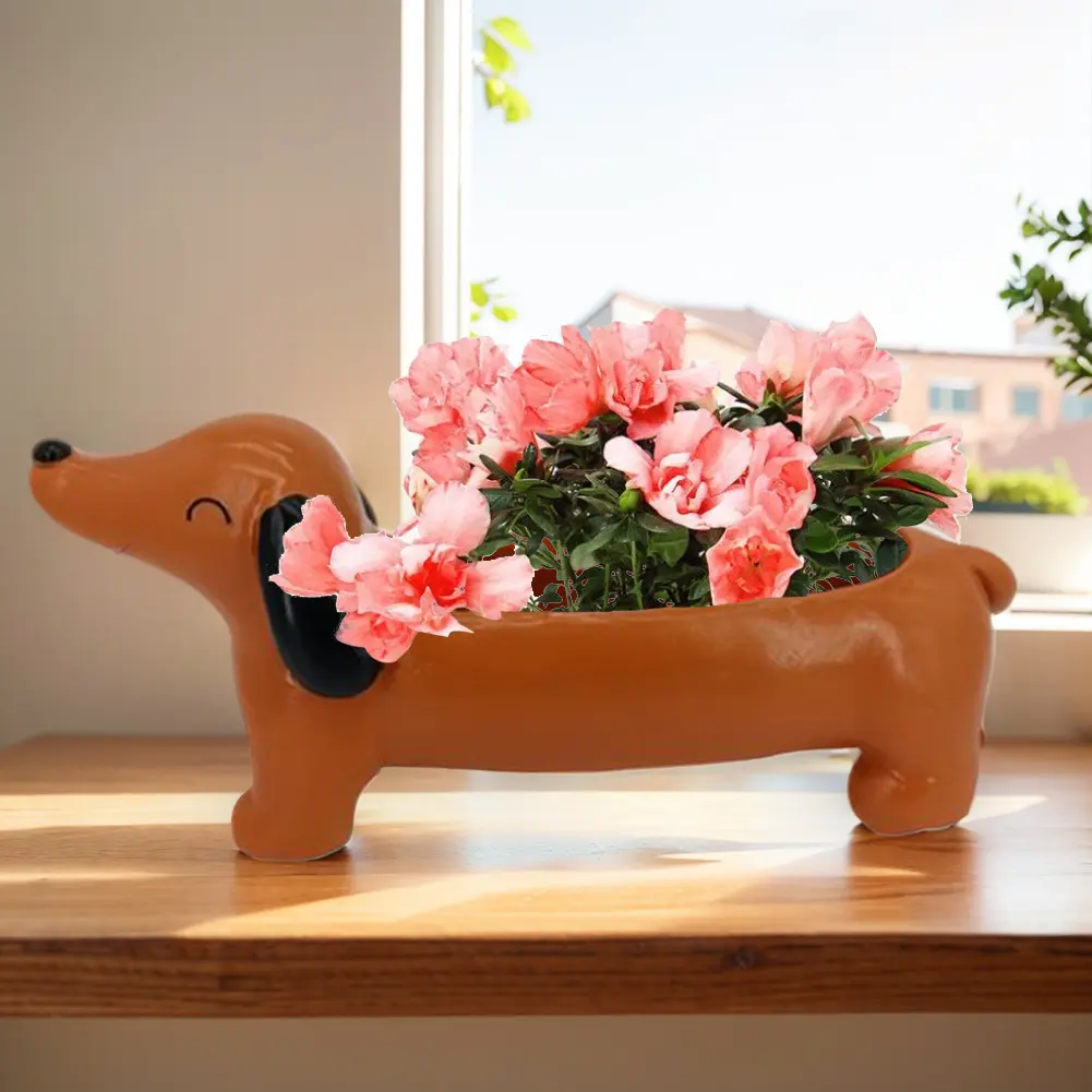 Dachshund Flower Pot Dog Plant Pot Resin Succulent Flower Planter Aesthetic Dog Pot Planter for Indoor/Outdoor Decor