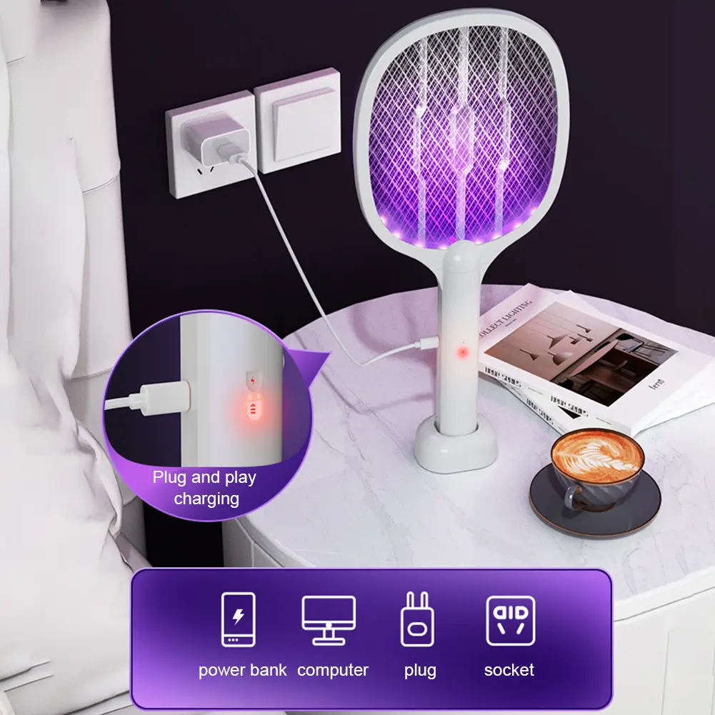 2 in 1 Bug Zapper Racket Handheld Electric Fly Swatter Safe Mosquito Swatter Rechargeable for Home Office Backyard Patio Camping