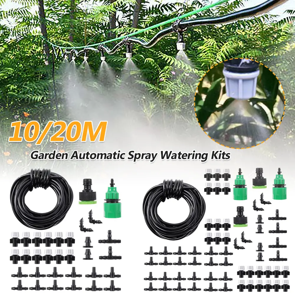 10/20m Automatic Watering Irrigation System Portable Misting Fog Nozzles Garden Hose Spray Head W/ 4/7mm Tee Connector for Patio