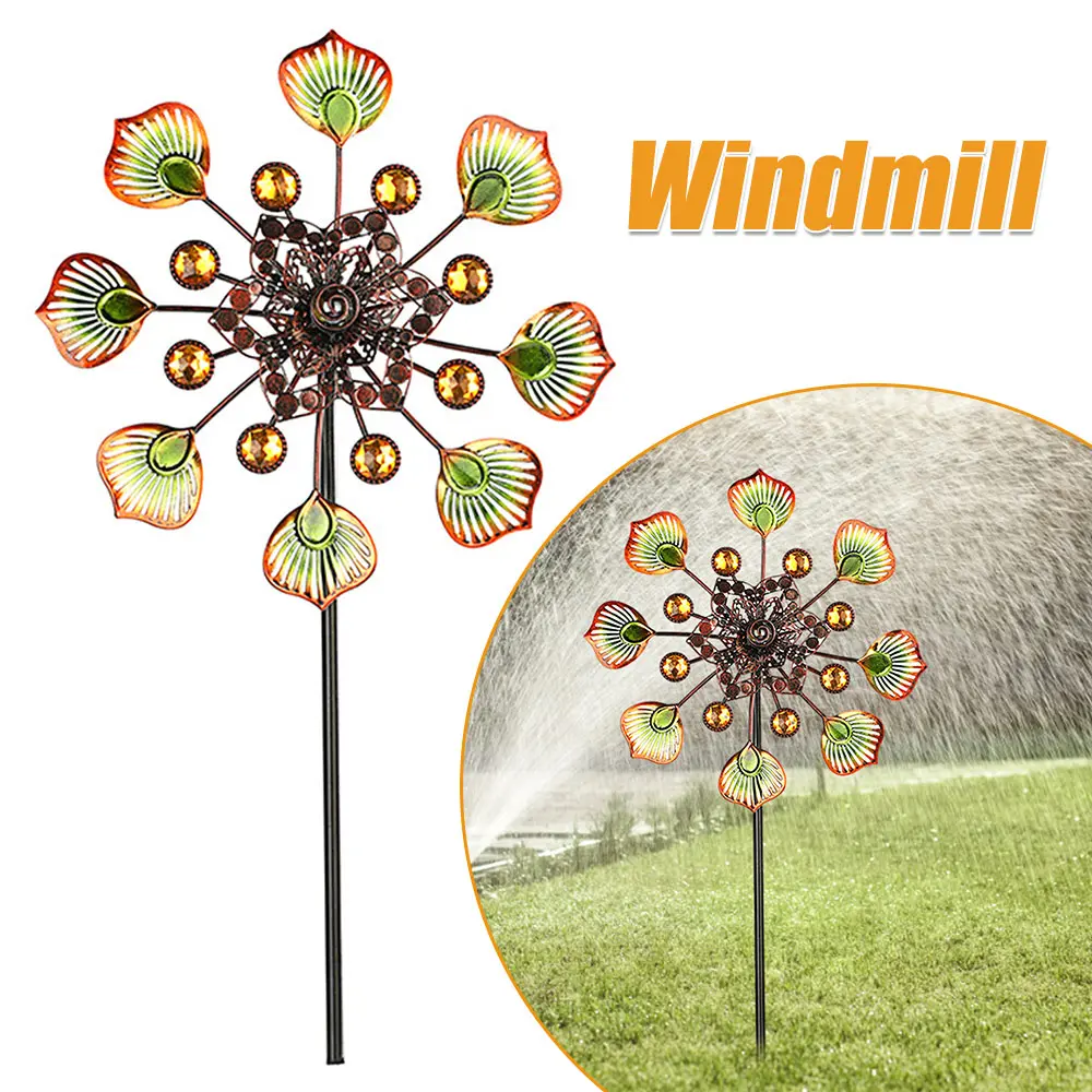 Outdoor Metal Wind Spinners Weather Resistant Wind Spinners with Stable Stake 90cm Peacock Tail Wind Spinners Metal Wind Mill