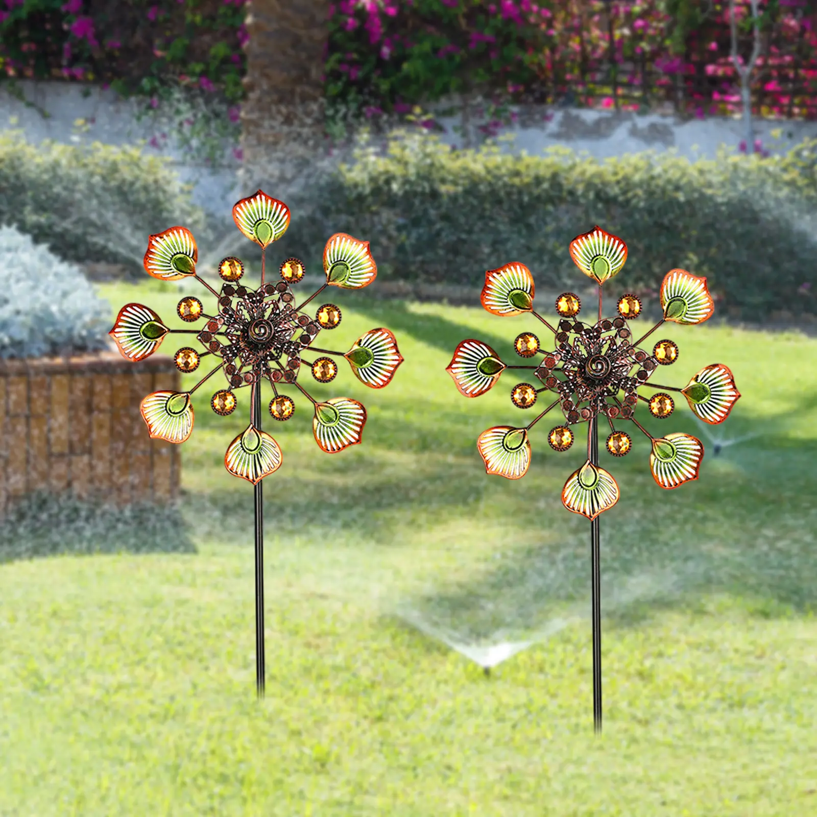 Outdoor Metal Wind Spinners Weather Resistant Wind Spinners with Stable Stake 90cm Peacock Tail Wind Spinners Metal Wind Mill