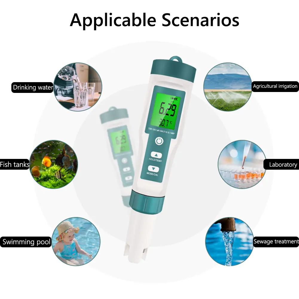 7 in 1 Digital Water Quality Tester Pen TDS/EC/ORP Temperature PH Meter PH TDS EC ORP Salinity SG TEMP Meter Pen with Backlight