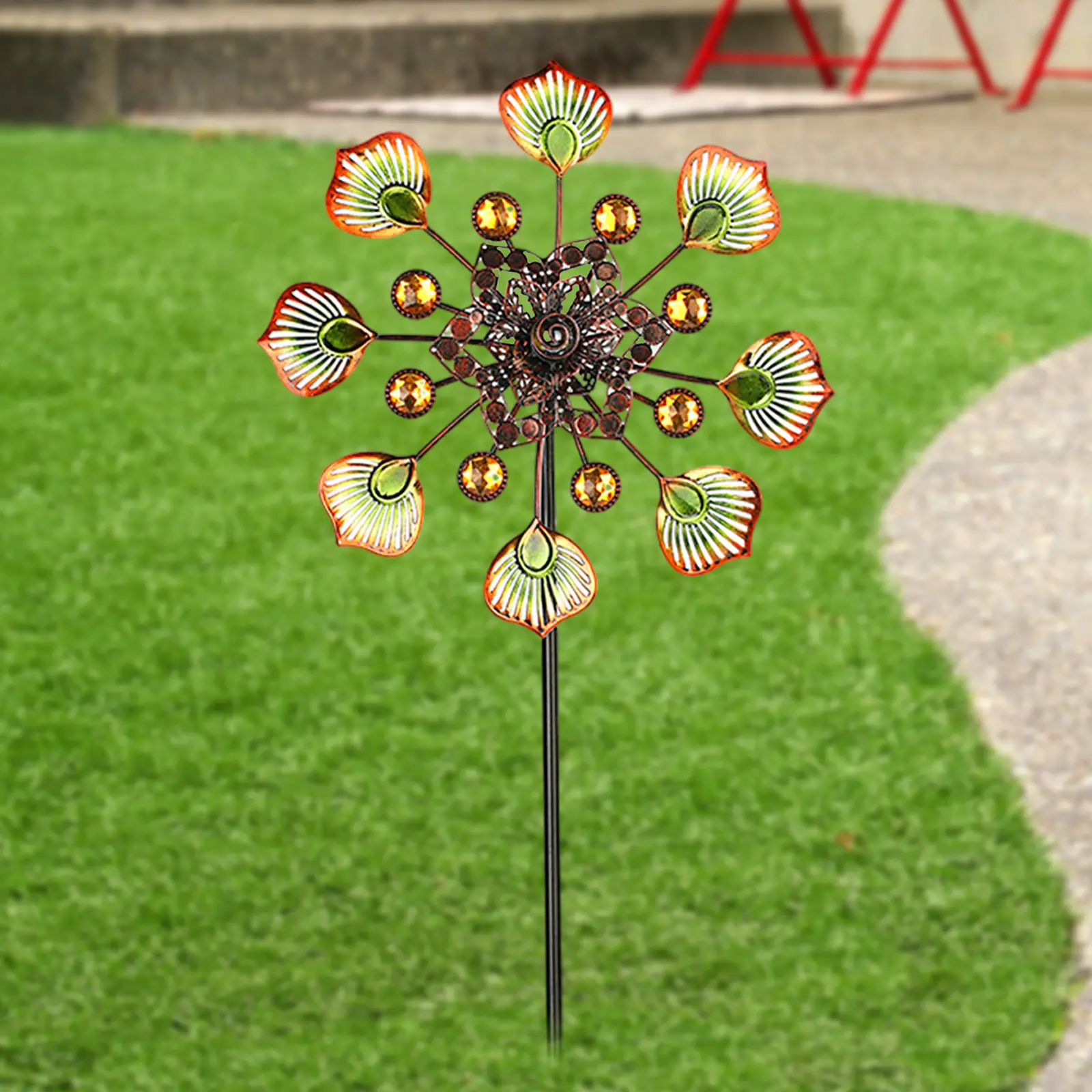Outdoor Metal Wind Spinners Weather Resistant Wind Spinners with Stable Stake 90cm Peacock Tail Wind Spinners Metal Wind Mill