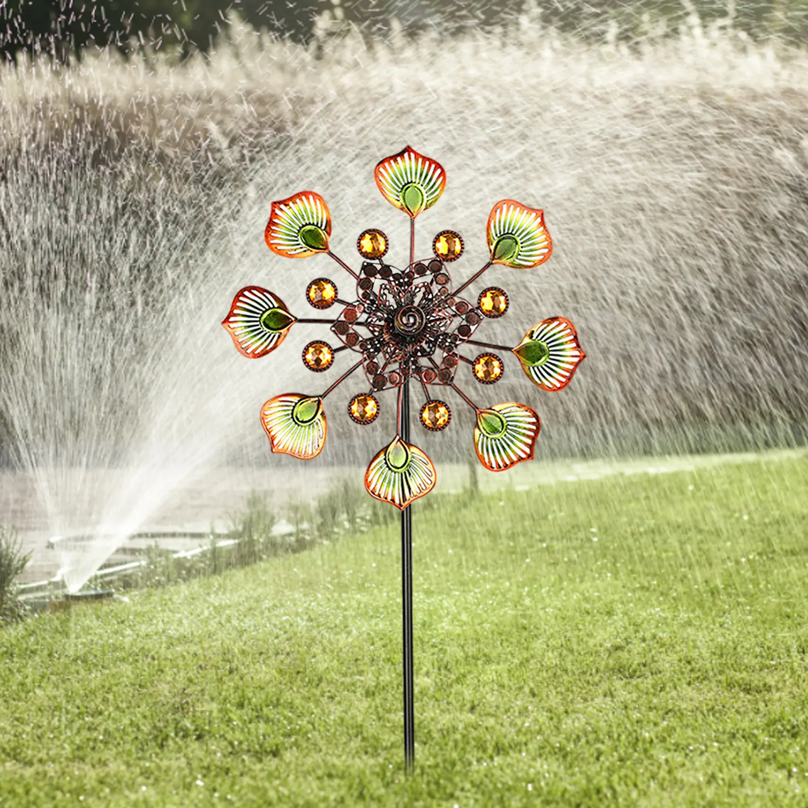 Outdoor Metal Wind Spinners Weather Resistant Wind Spinners with Stable Stake 90cm Peacock Tail Wind Spinners Metal Wind Mill