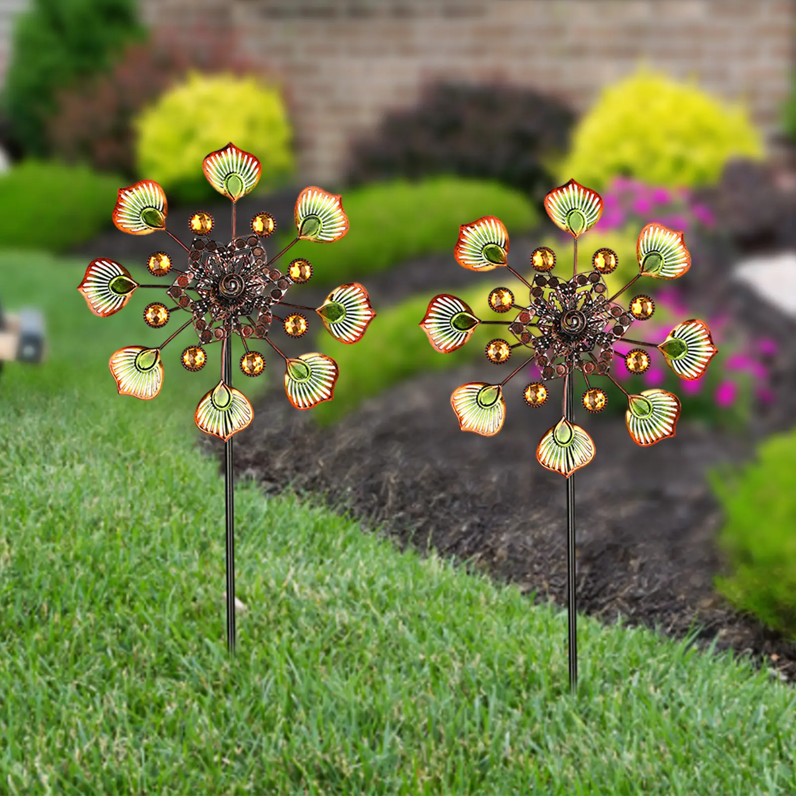 Outdoor Metal Wind Spinners Weather Resistant Wind Spinners with Stable Stake 90cm Peacock Tail Wind Spinners Metal Wind Mill