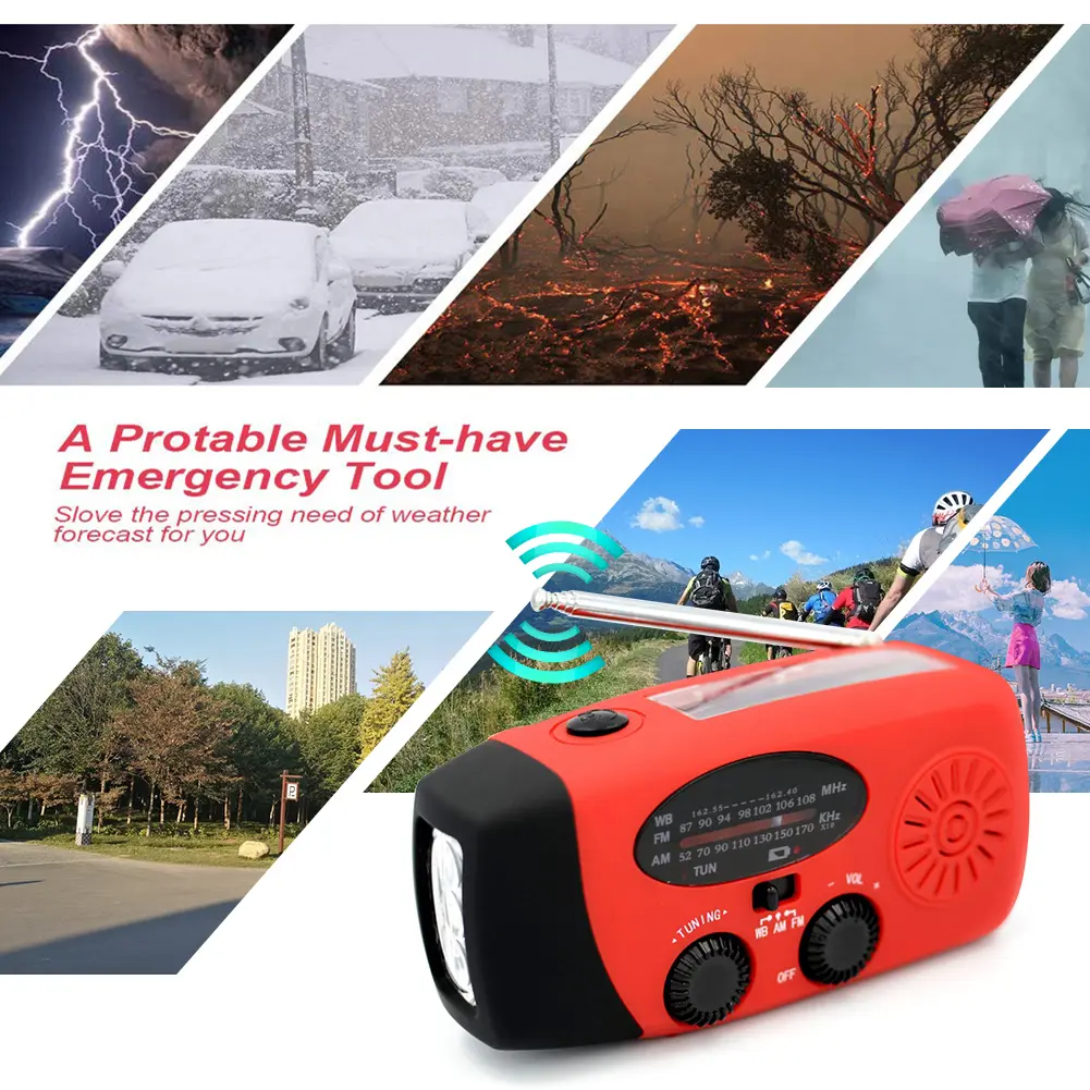 Multifunctional Hand FM AM WB NOAA Radio Hand Crank Solar 2000mAh Radio LED Flashlight Weather Radio Portable LED Flashlight