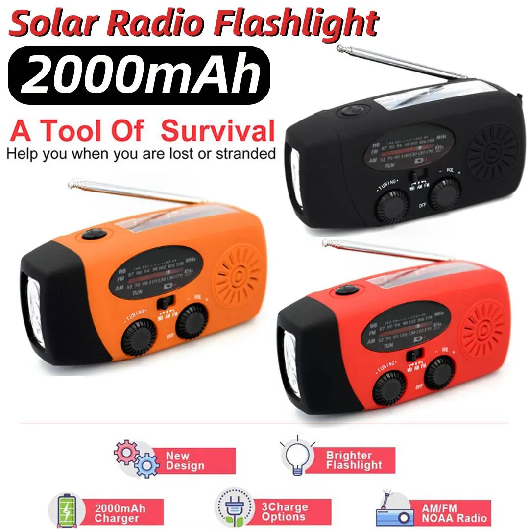 Multifunctional Hand FM AM WB NOAA Radio Hand Crank Solar 2000mAh Radio LED Flashlight Weather Radio Portable LED Flashlight