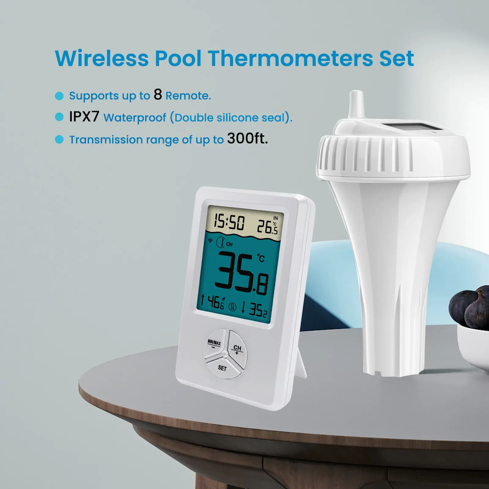 Wireless Digital Pool Thermometer IPX8 Waterproof Water Temperature Thermometer with Indoor Temperature Monitor Water Temp Gauge