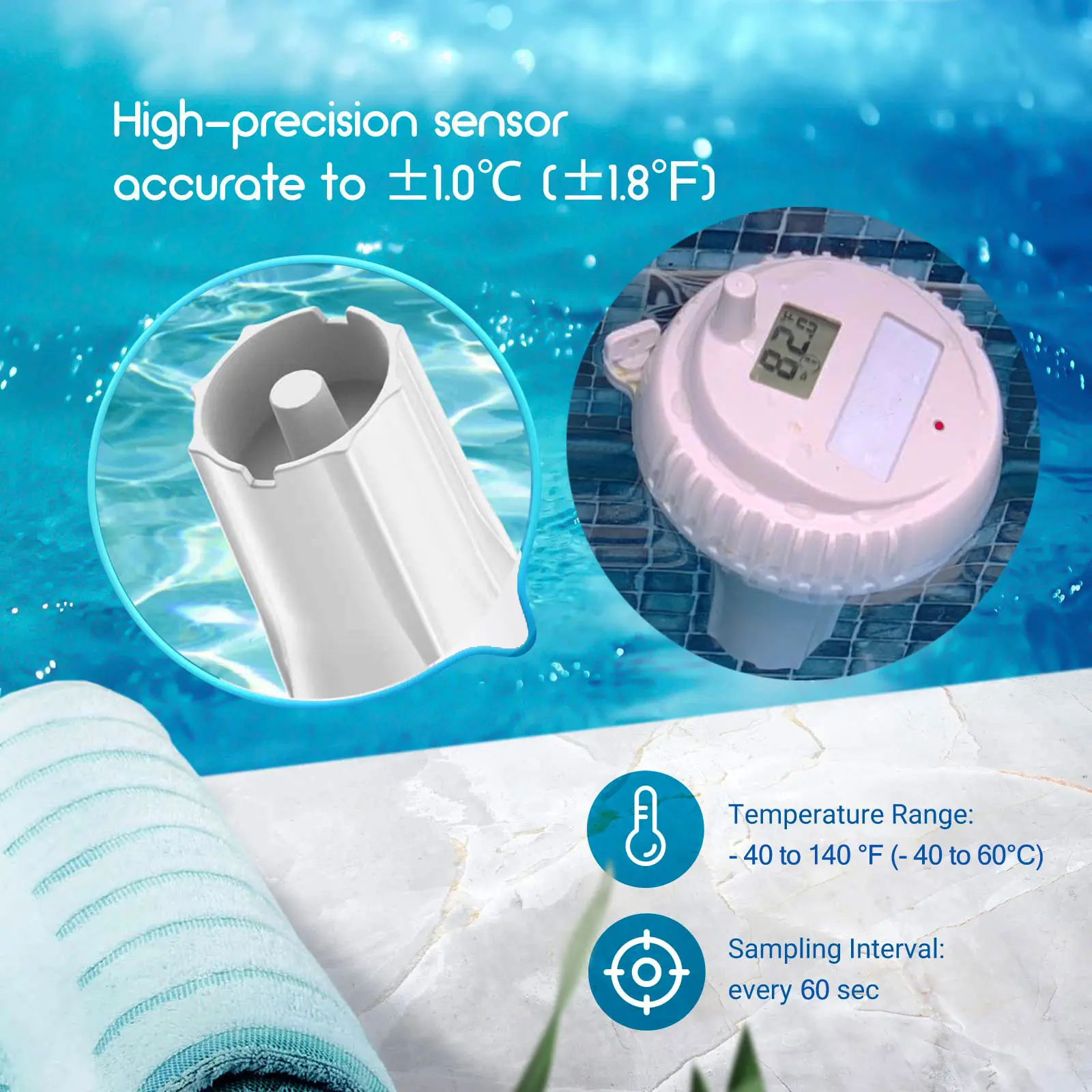 Wireless Digital Pool Thermometer IPX8 Waterproof Water Temperature Thermometer with Indoor Temperature Monitor Water Temp Gauge