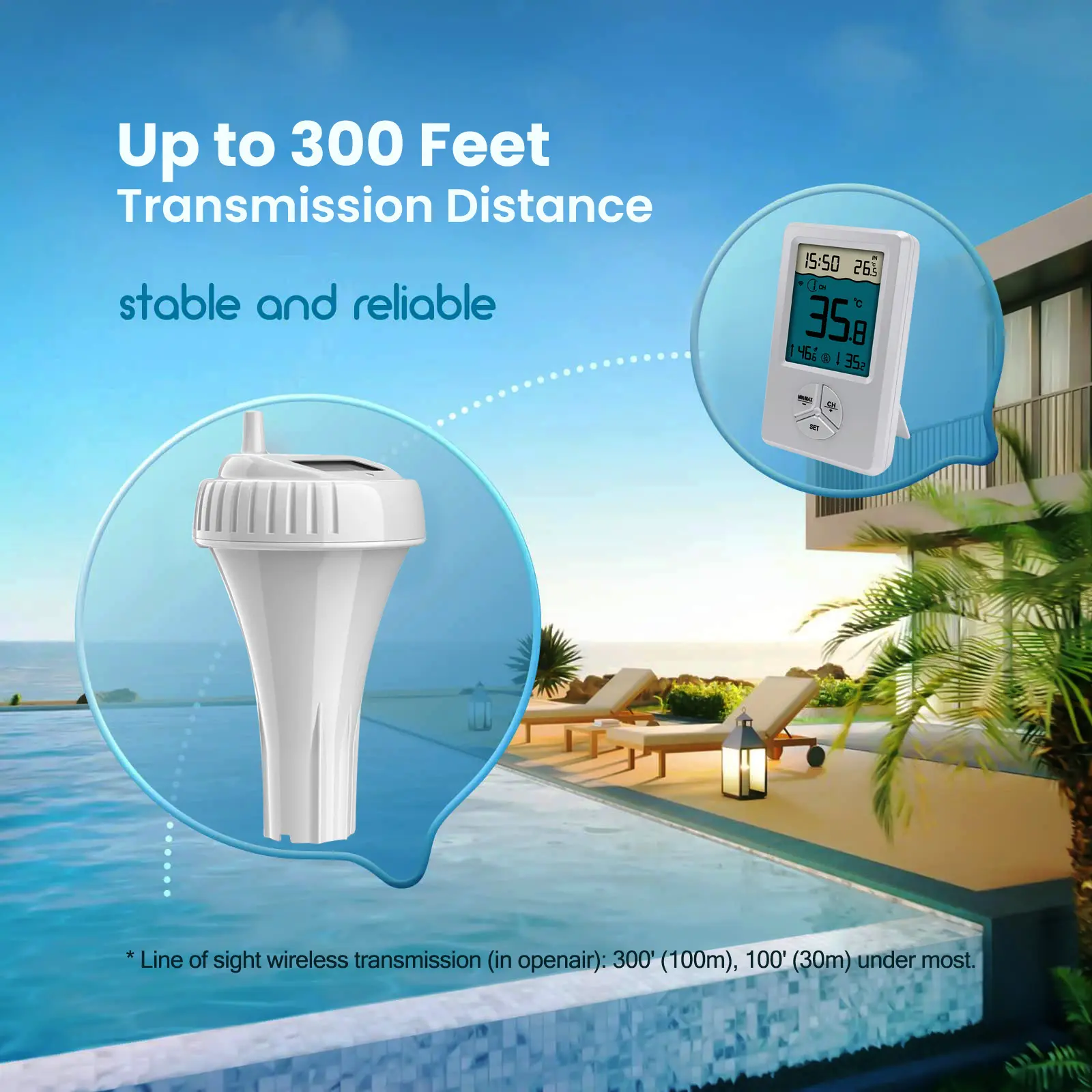 Wireless Digital Pool Thermometer IPX8 Waterproof Water Temperature Thermometer with Indoor Temperature Monitor Water Temp Gauge