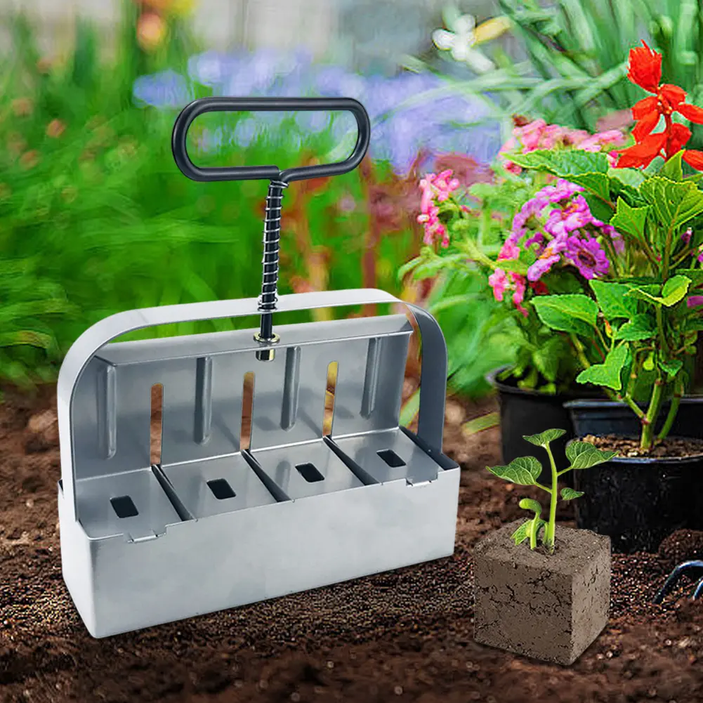 Soil Block Machine Stainless Steel Handheld Block Maker 4 Cell Manual Soil Blocking Tool with Comfortable Handle for Greenhouses