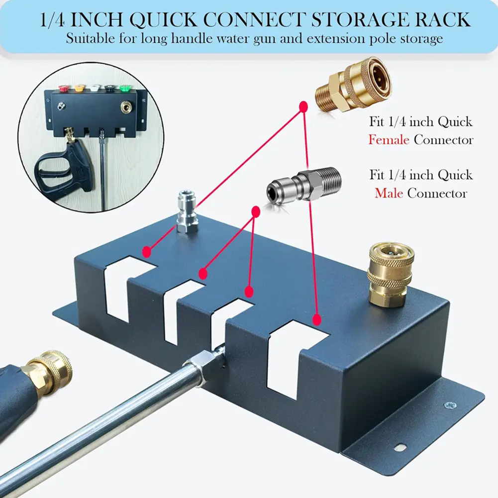 Pressure Washer Gun Holder Fit 1/4 Quick Connector Snow Foam Lance Holder Nozzle Tip and Wand Extension Storage Rack