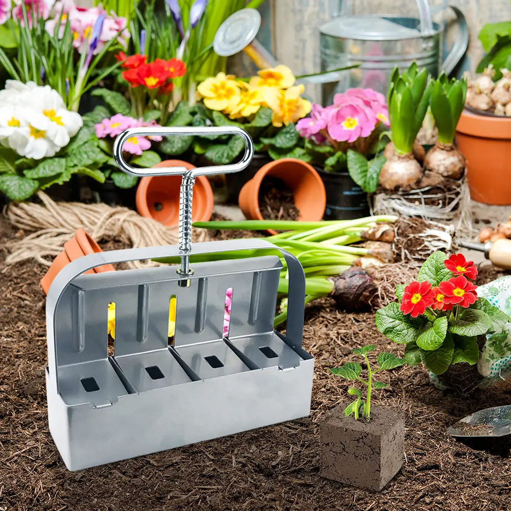 Soil Block Machine Stainless Steel Handheld Block Maker 4 Cell Manual Soil Blocking Tool with Comfortable Handle for Greenhouses
