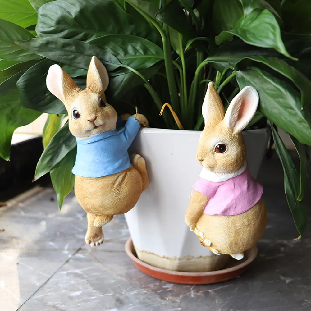 Cute Rabbit Figurine Decoration Garden Supplies Resin Flower Pot Pendant Craft Handicraft Waterproof for Outdoor Indoor Yard