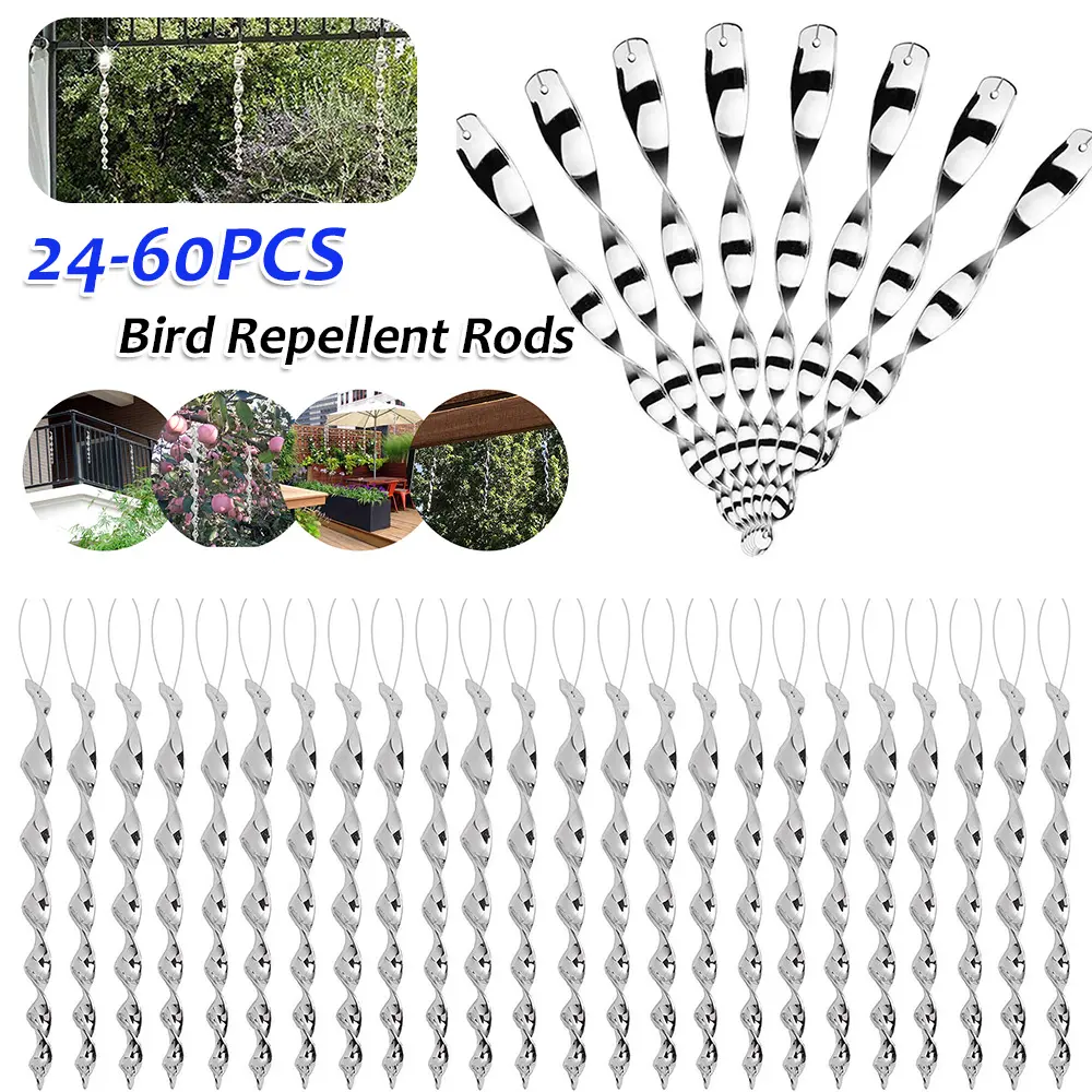 24-60PCS Bird Repeller Rotating Rod Reflective Bird Deterrent Rods 29cm Hanging Spiral Rod Anti-bird Protection Garden Decor