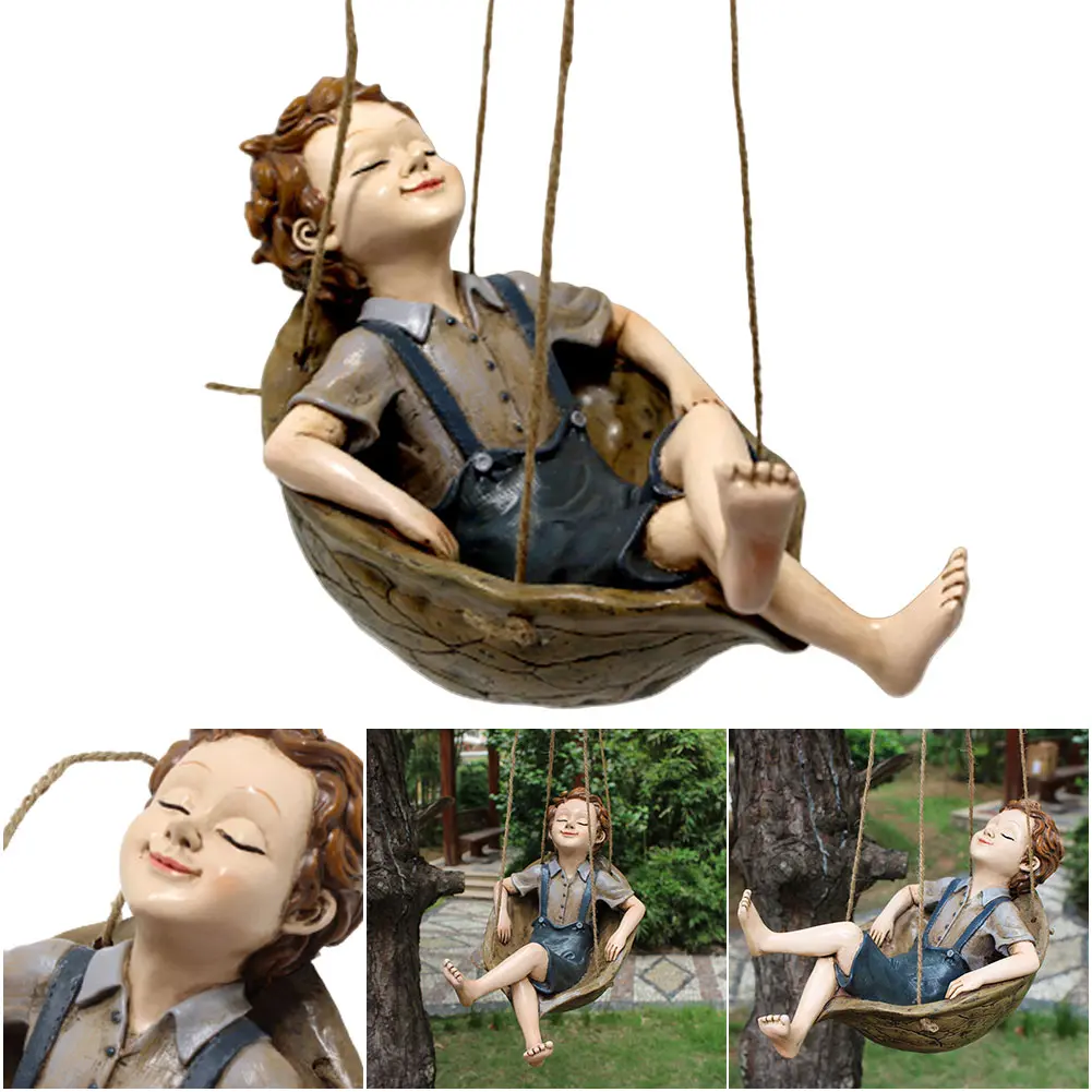 Forest Elf Creative Resin Pendant Rainproof Hanging Boy Statue Windproof Hanging Garden Statue for Lawns Balconies Courtyard