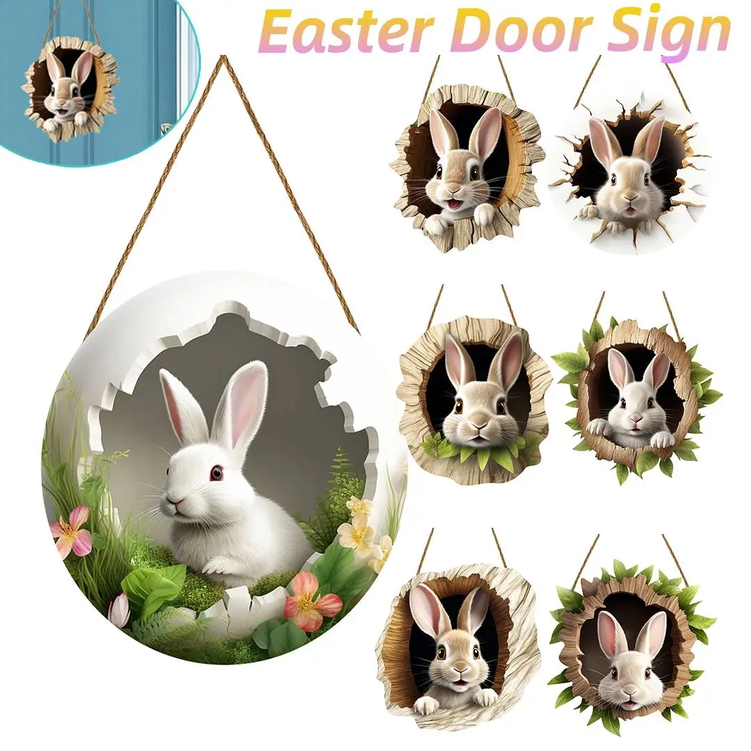 Easter Door Cover Decor Wooden Rabbit Construction Door Sign Rustic Bunny Hanging Pendant for Holiday Front Door Wall Decoration