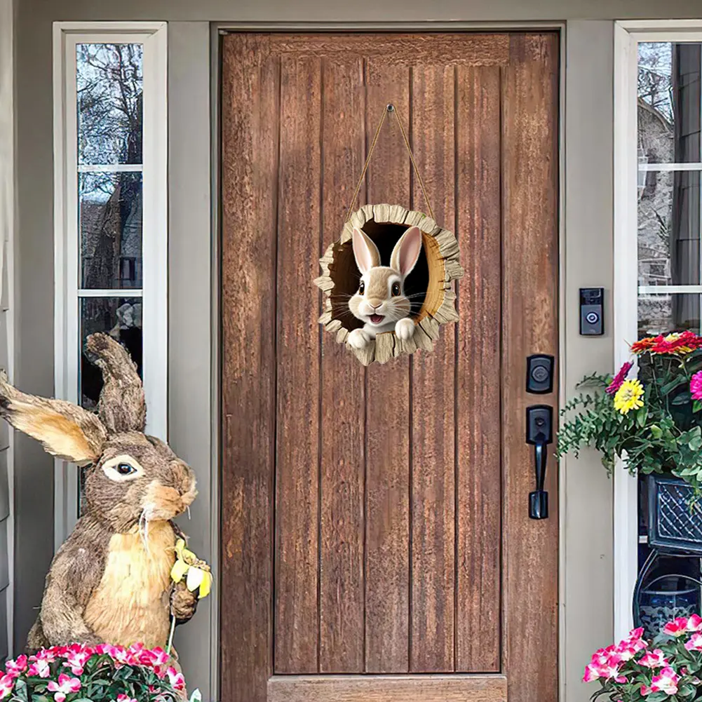 Easter Door Cover Decor Wooden Rabbit Construction Door Sign Rustic Bunny Hanging Pendant for Holiday Front Door Wall Decoration