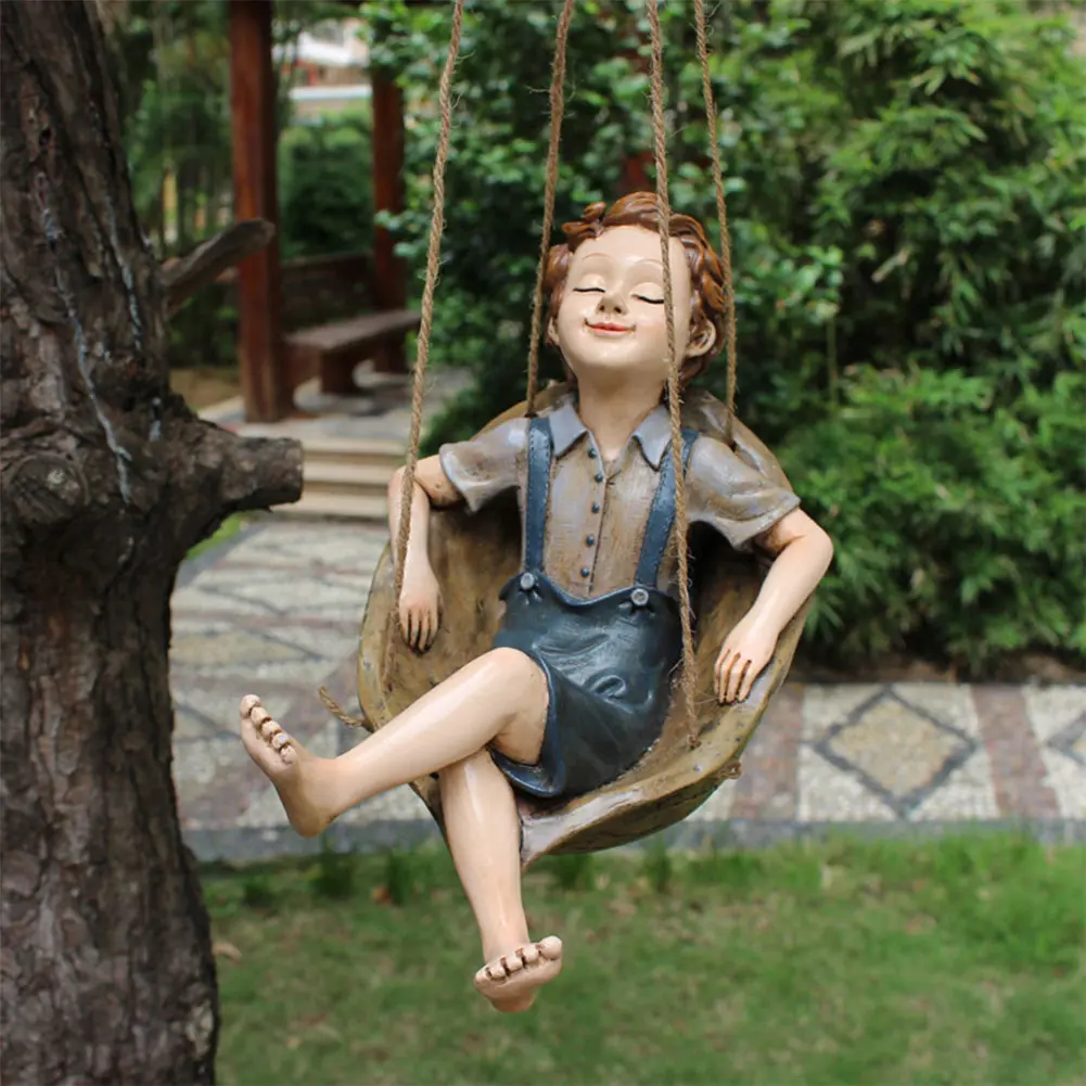 Forest Elf Creative Resin Pendant Rainproof Hanging Boy Statue Windproof Hanging Garden Statue for Lawns Balconies Courtyard