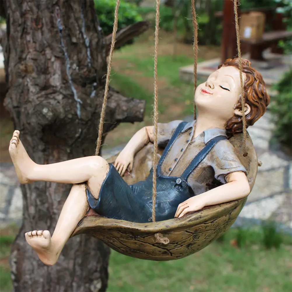 Forest Elf Creative Resin Pendant Rainproof Hanging Boy Statue Windproof Hanging Garden Statue for Lawns Balconies Courtyard