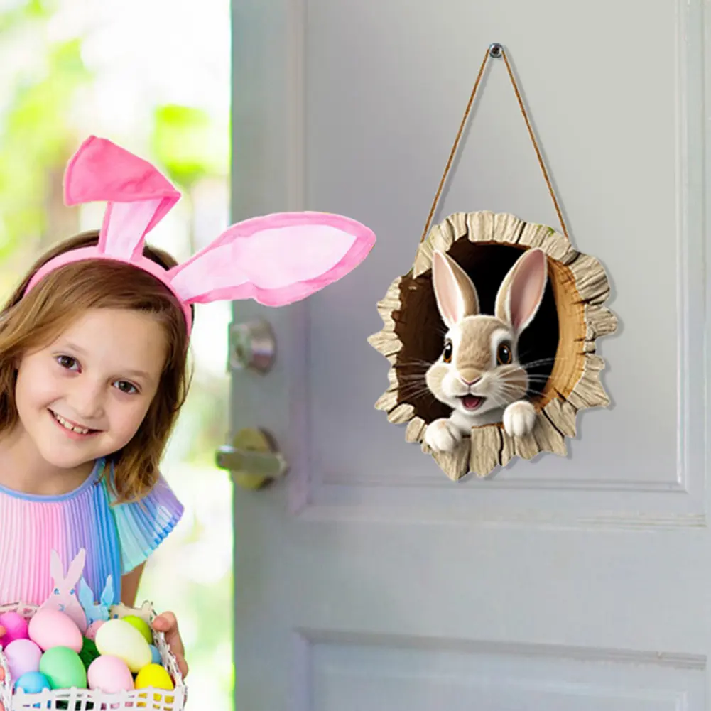 Easter Door Cover Decor Wooden Rabbit Construction Door Sign Rustic Bunny Hanging Pendant for Holiday Front Door Wall Decoration