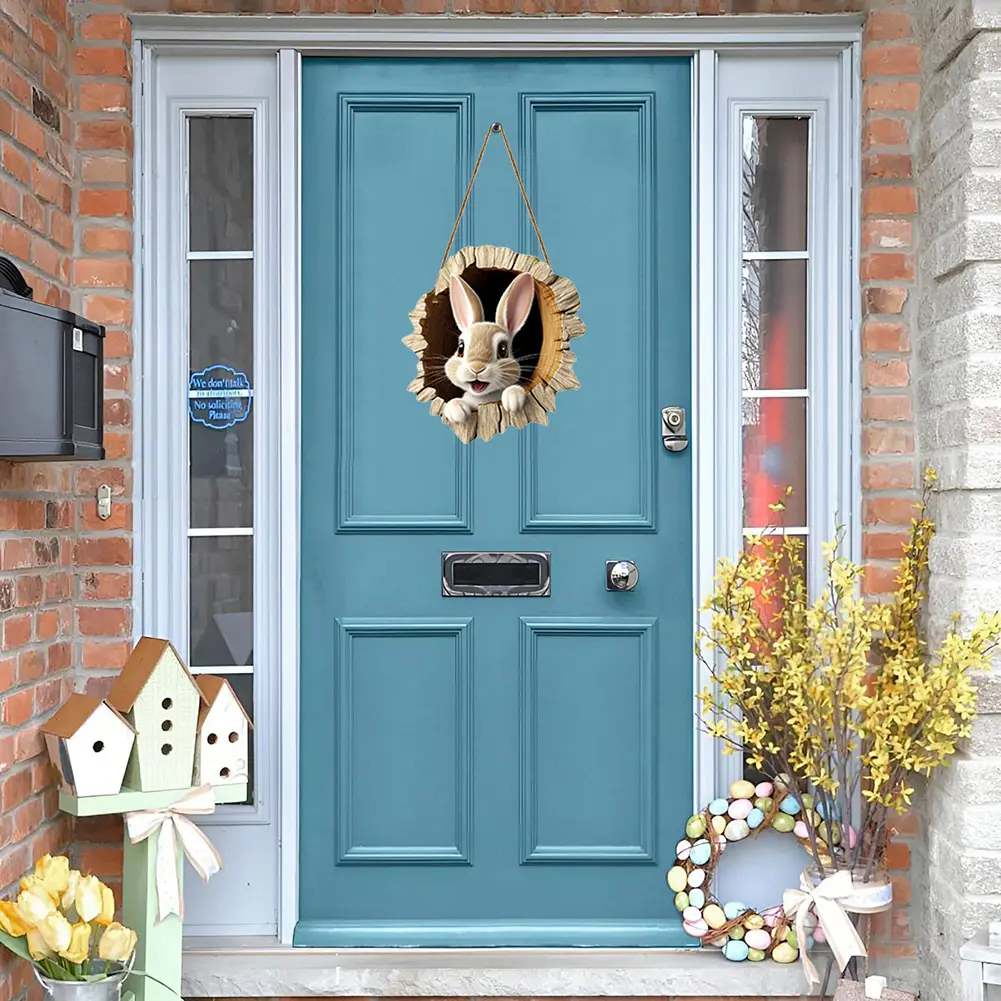 Easter Door Cover Decor Wooden Rabbit Construction Door Sign Rustic Bunny Hanging Pendant for Holiday Front Door Wall Decoration