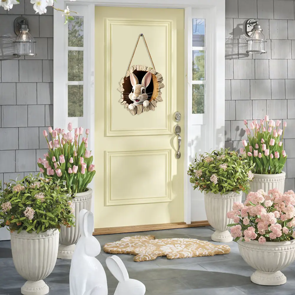 Easter Door Cover Decor Wooden Rabbit Construction Door Sign Rustic Bunny Hanging Pendant for Holiday Front Door Wall Decoration