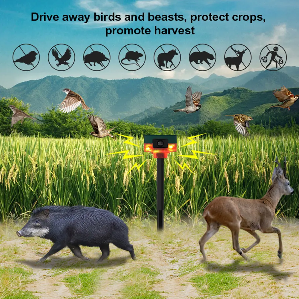 Solar Wild Animal Repeller 360-degree Induction Alarm 1200mAh Pigeon Bird Repellent Recordable IP55 for Wild Boar Rabbit Deer