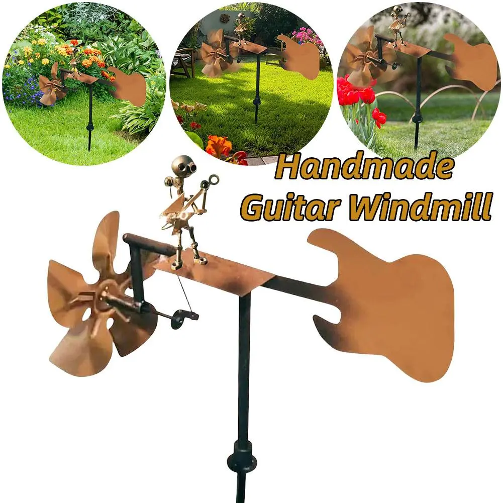Metal Wind Spinner Handmade Guitar Windmill Statue Percussionist Music Figurines and Statues for Yard Lawn Garden Patio Decor