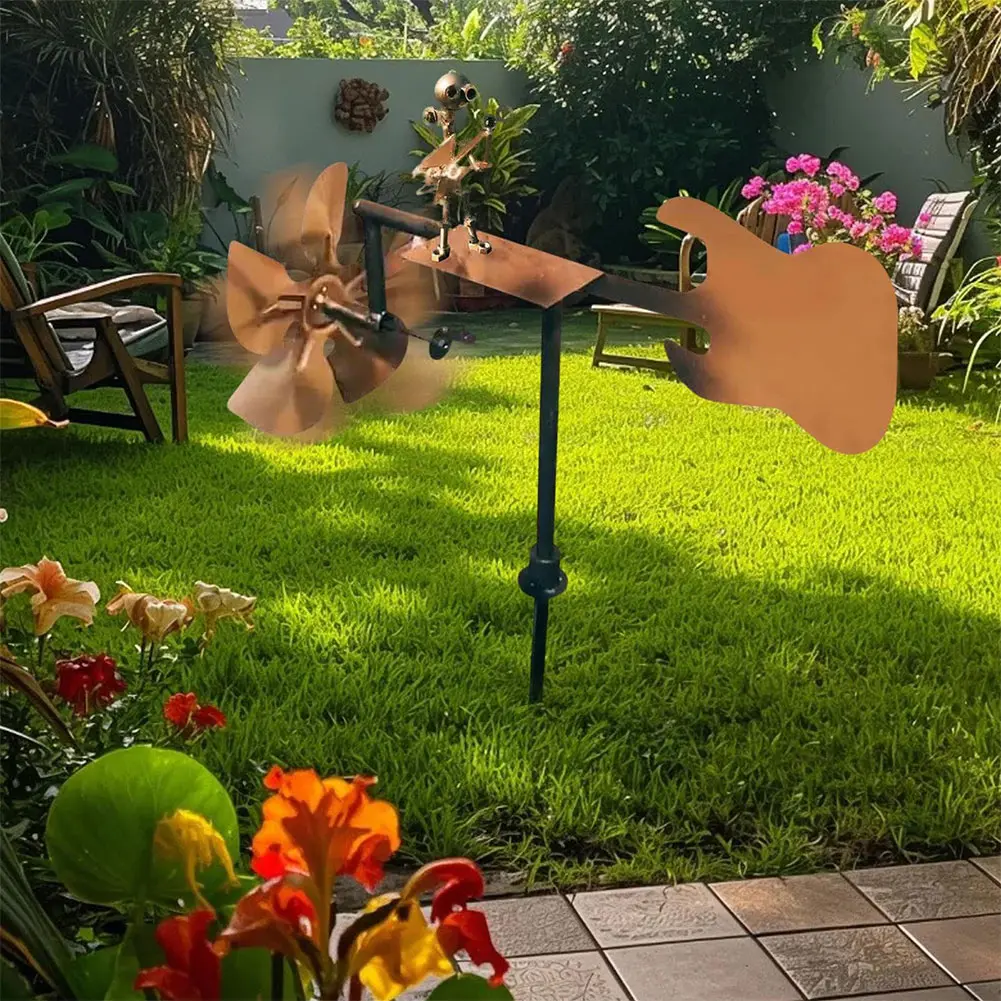 Metal Wind Spinner Handmade Guitar Windmill Statue Percussionist Music Figurines and Statues for Yard Lawn Garden Patio Decor