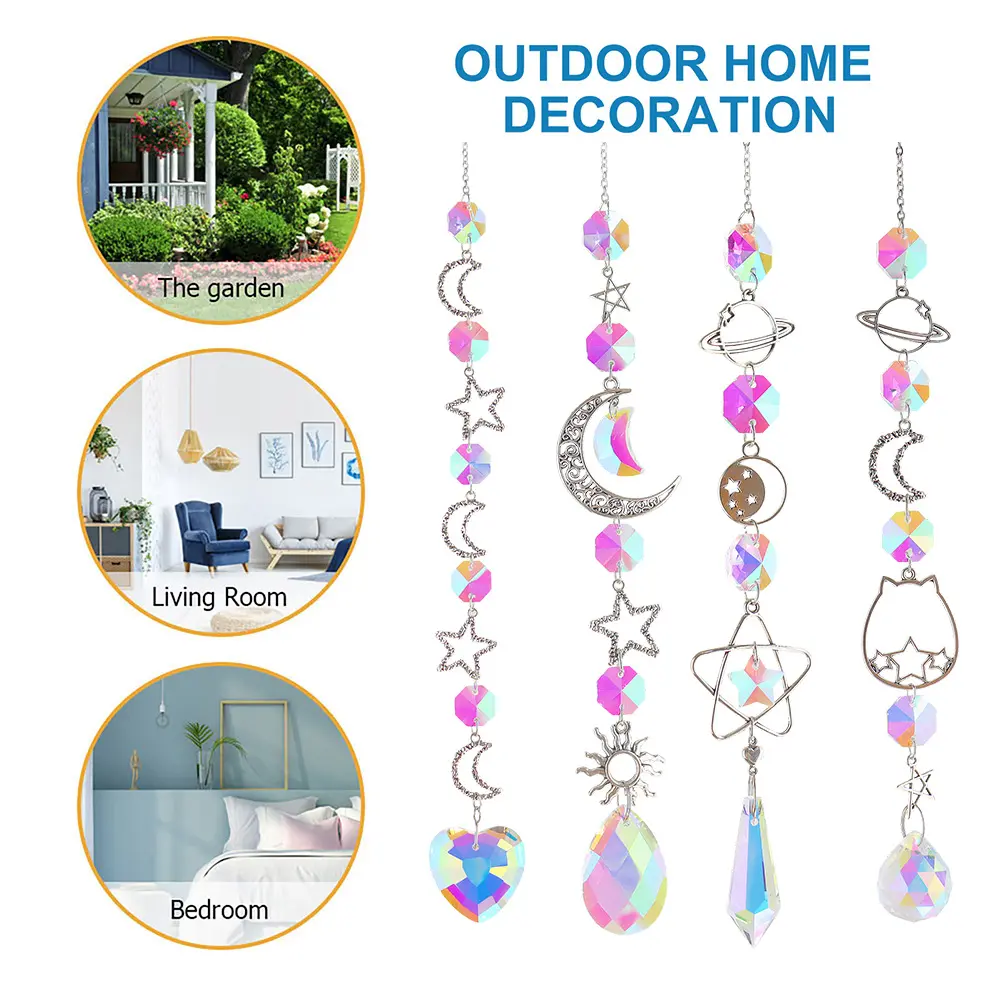 Crystal Wind Chimes Metal Moon Prism Light Catcher Window Curtain Home Car Decor