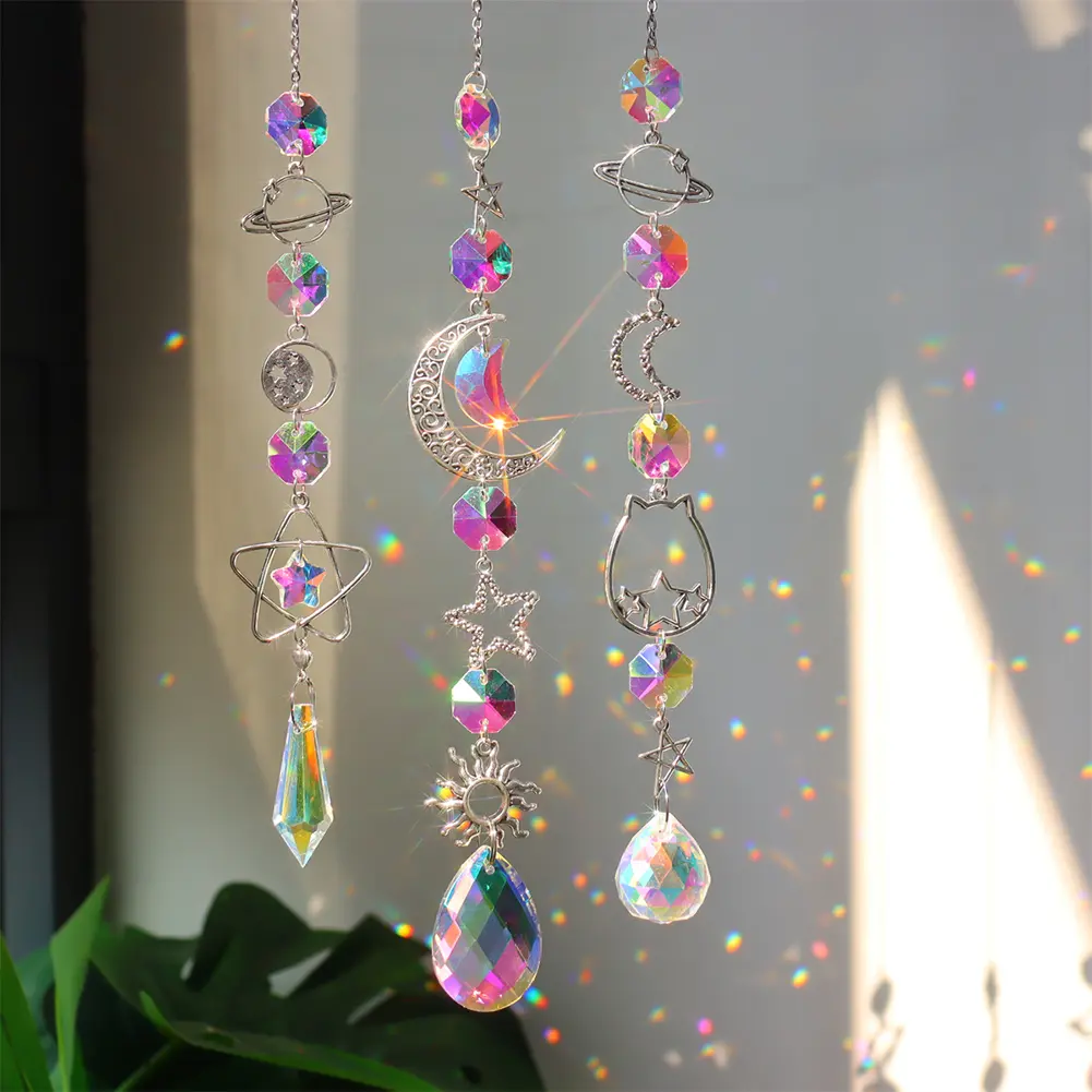 Crystal Wind Chimes Metal Moon Prism Light Catcher Window Curtain Home Car Decor
