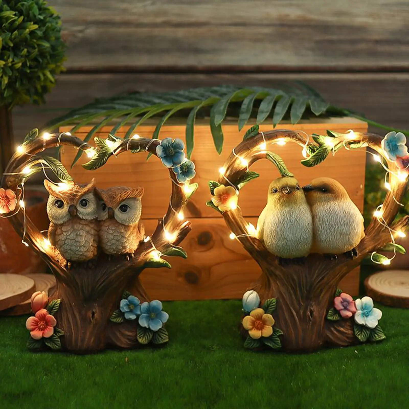 Birds Statue Cute Animal Figurine with Solar Powered Light Garden Sculptures Lawn Ornaments for Outdoor Garden Patio Yard Porch