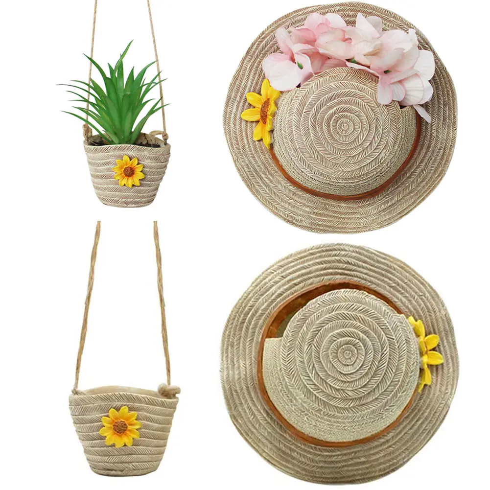 Boho Hat & Bag Planter Planter Pot Resin Imitation Straw Planting Pot Decorative Succulent Plant Pot for Balcony Garden Yard
