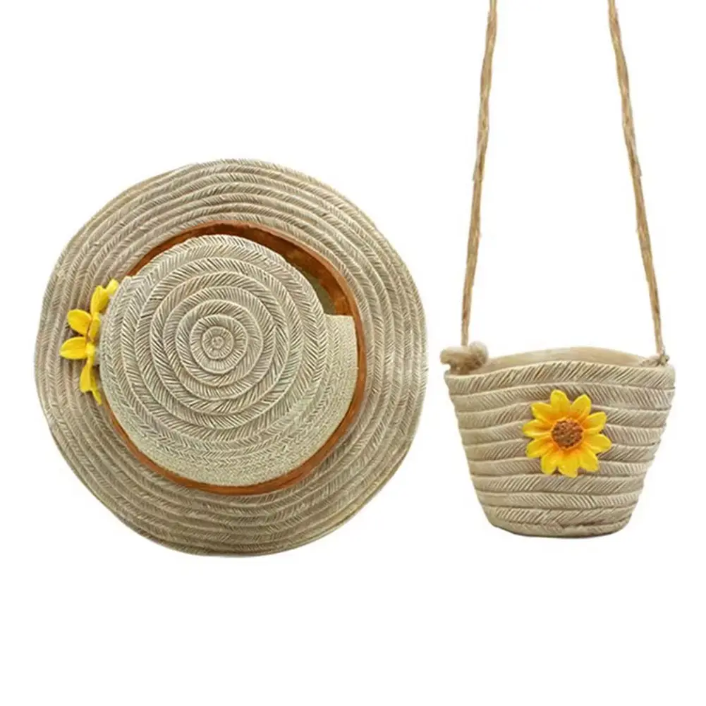 Boho Hat & Bag Planter Planter Pot Resin Imitation Straw Planting Pot Decorative Succulent Plant Pot for Balcony Garden Yard